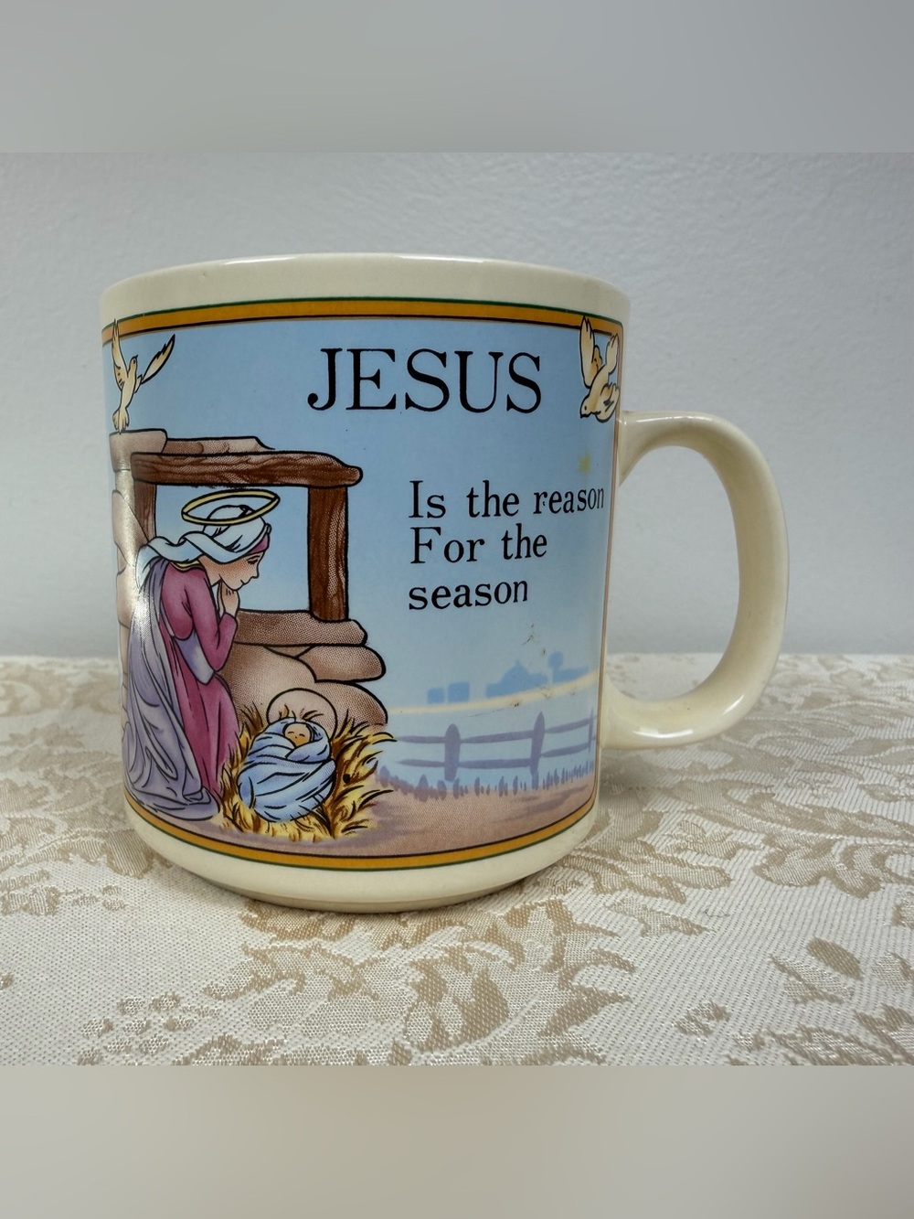 Lefton China Vintage Spiritual Coffee Mug, Jesus is the Readon for the Season
